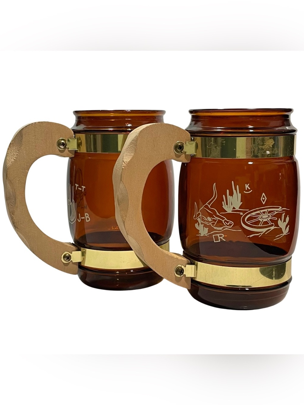 Vintage 1960s Siesta Ware Amber Glass Beer Barrel Mugs Set with Wooden Handles